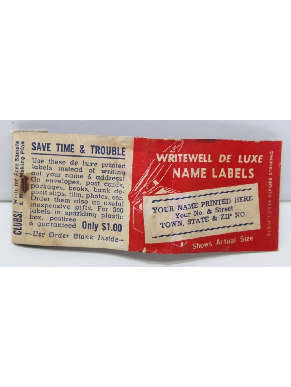 Vintage Matchbook Writewell De Luxe Name Labels DD Bean & Sons Match Carolina In